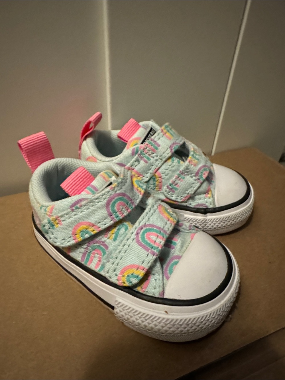 Converse Kids Mint Canvas Sneakers with Pink Accents and Rainbow Motifs